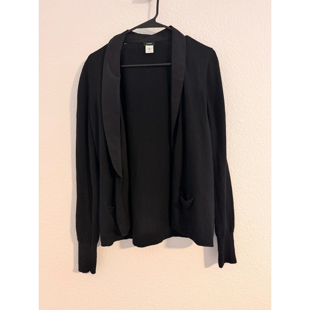 J.Crew Black Merino Wool Silk Collar Open Front Cardigan Sweater Large